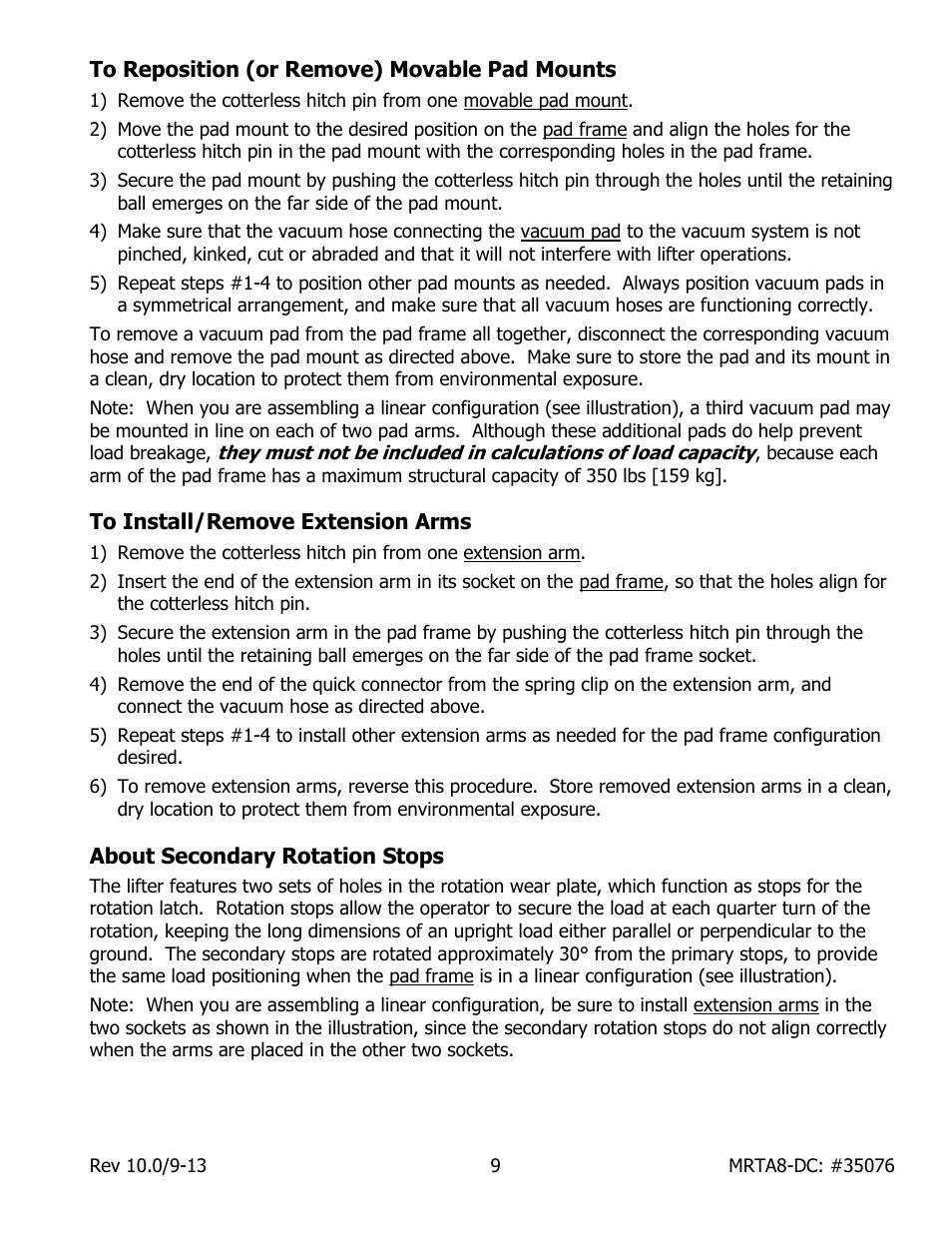To reposition (or remove) movable pad mounts, To install/remove extension arms, About secondary rotation stops | Wood’s Powr-Grip MRTA8HV11DC User Manual | Page 11 / 37