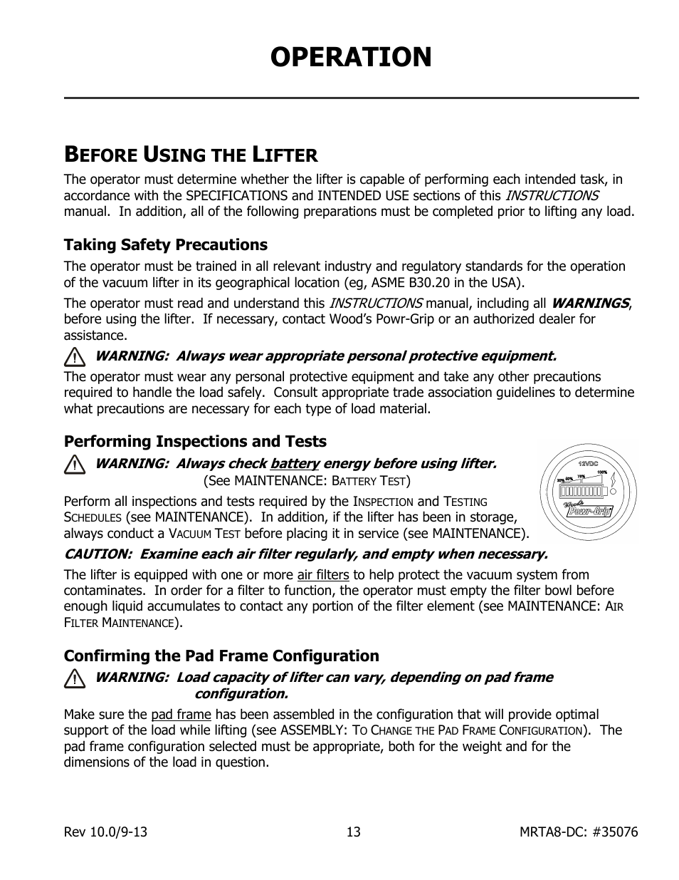 Operation, Efore, Sing the | Ifter, Taking safety precautions, Performing inspections and tests, Confirming the pad frame configuration | Wood’s Powr-Grip MRTA8HV11DC User Manual | Page 15 / 37