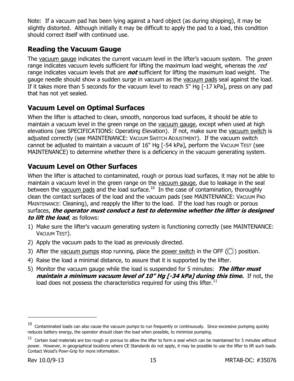 Reading the vacuum gauge, Vacuum level on optimal surfaces, Vacuum level on other surfaces | Wood’s Powr-Grip MRTA8HV11DC User Manual | Page 17 / 37