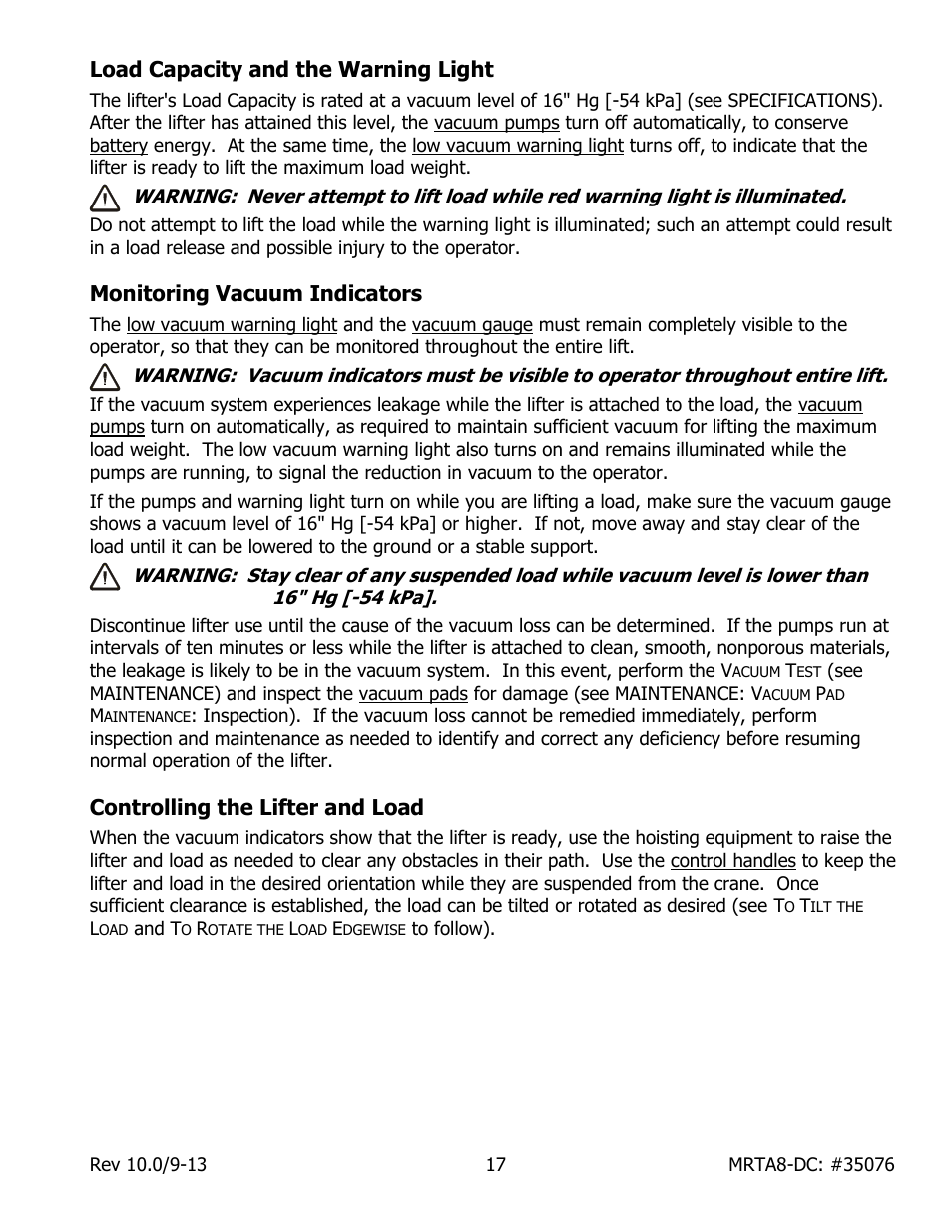 Load capacity and the warning light, Monitoring vacuum indicators, Controlling the lifter and load | Wood’s Powr-Grip MRTA8HV11DC User Manual | Page 19 / 37