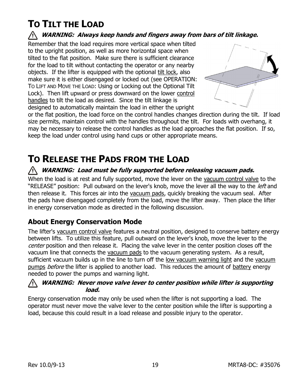 Ilt the, Elease the, Ads from the | About energy conservation mode | Wood’s Powr-Grip MRTA8HV11DC User Manual | Page 21 / 37