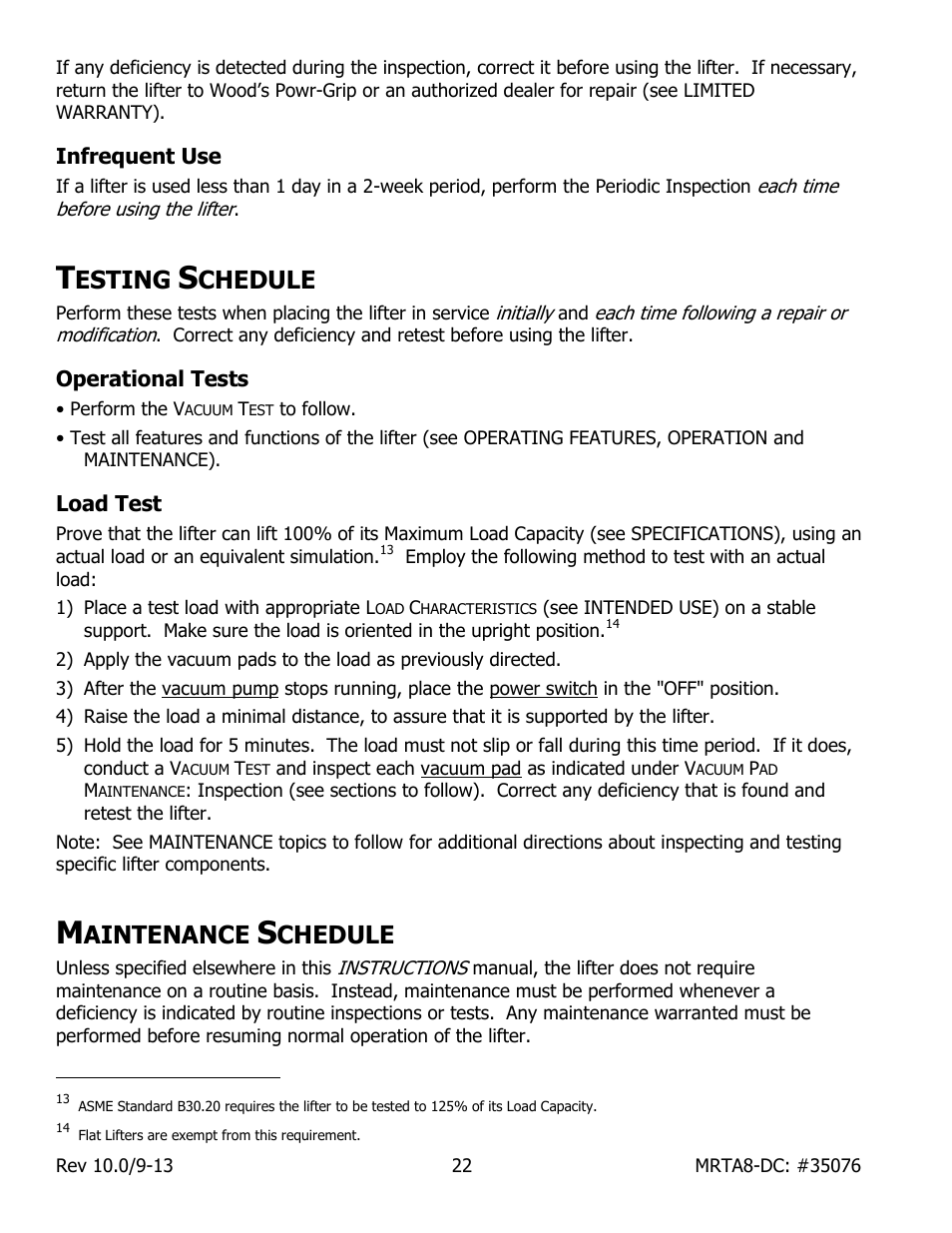 Infrequent use, Esting, Chedule | Operational tests, Load test, Aintenance | Wood’s Powr-Grip MRTA8HV11DC User Manual | Page 24 / 37
