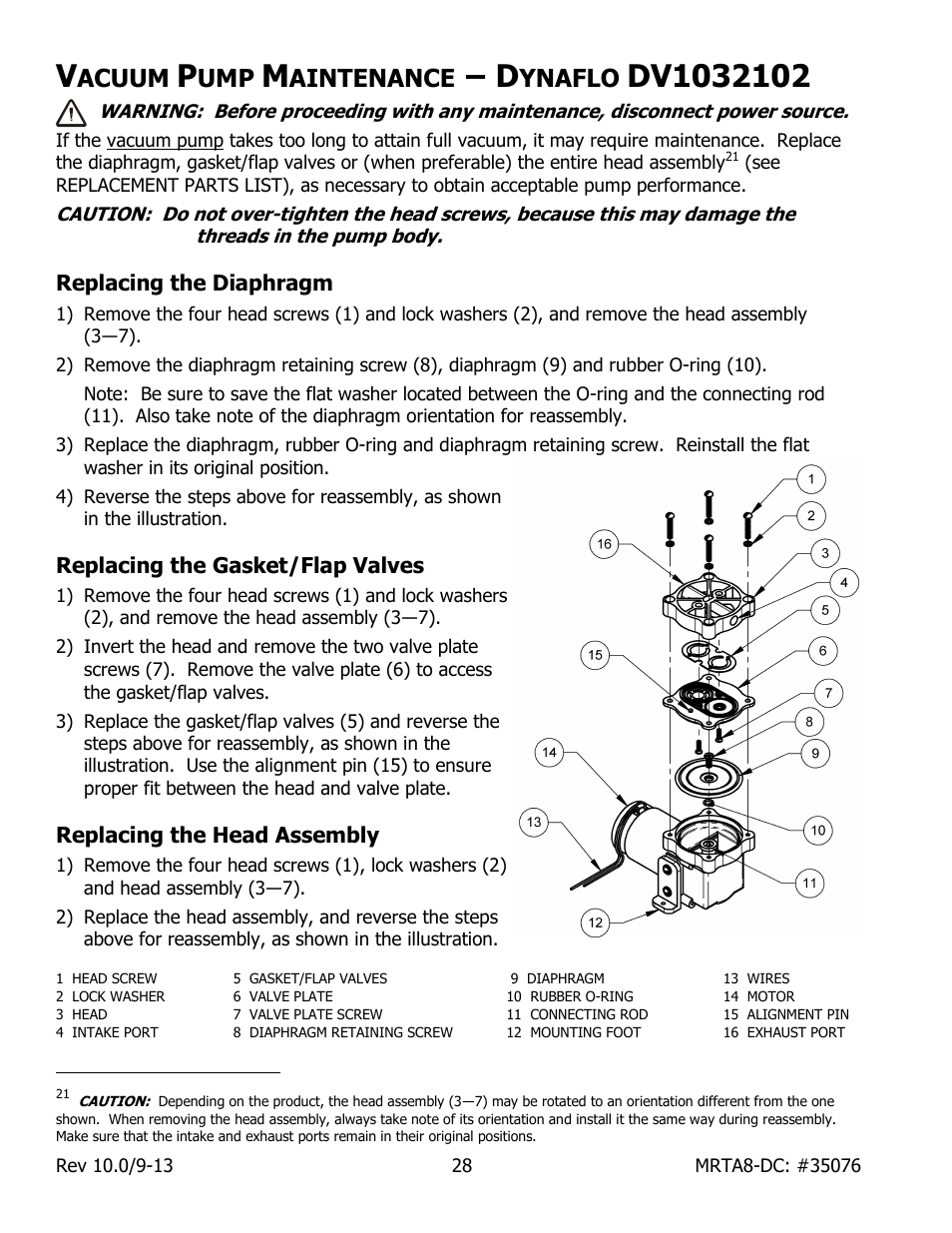 Acuum, Aintenance, Ynaflo | Dv1032102, Replacing the diaphragm, Replacing the gasket/flap valves, Replacing the head assembly | Wood’s Powr-Grip MRTA8HV11DC User Manual | Page 30 / 37