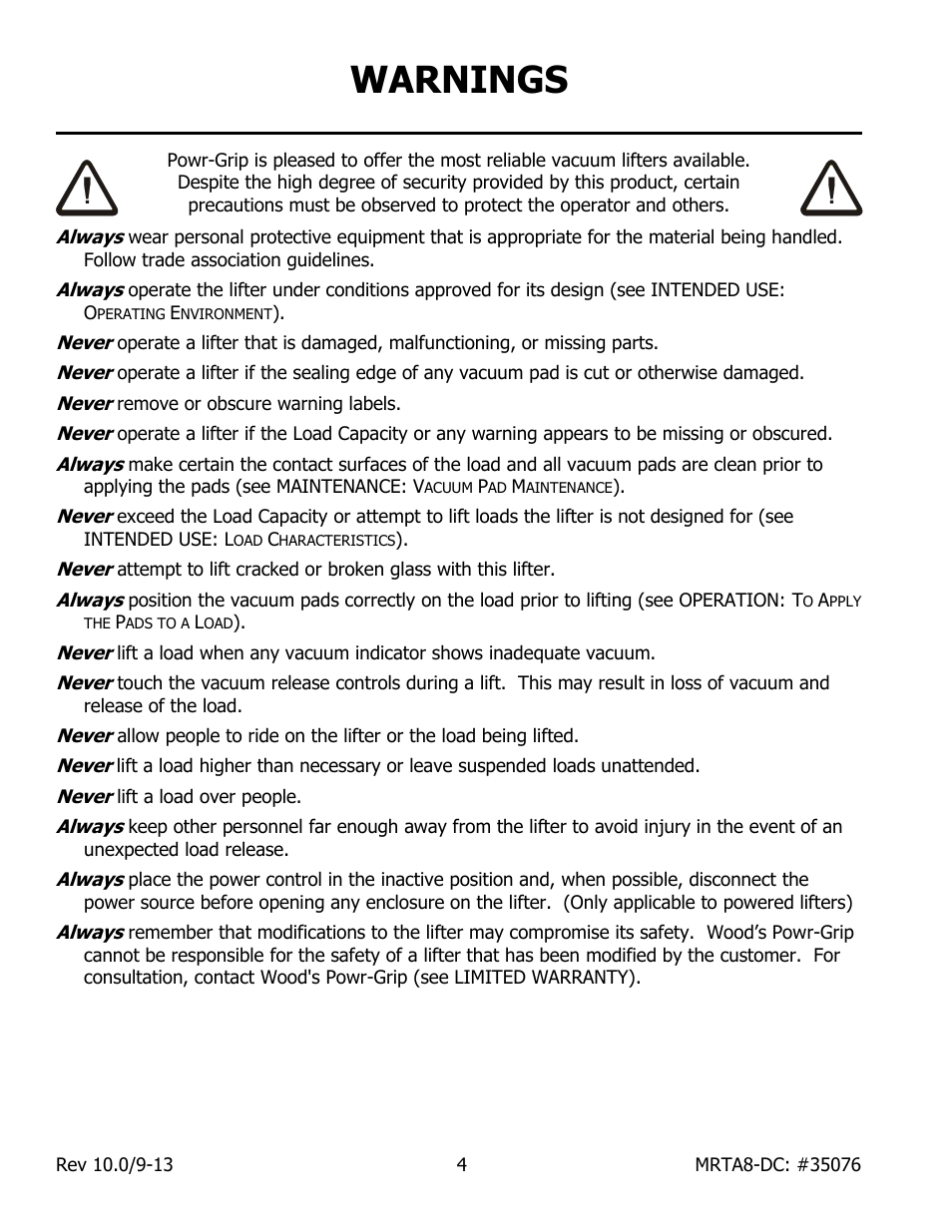 Warnings | Wood’s Powr-Grip MRTA8HV11DC User Manual | Page 6 / 37