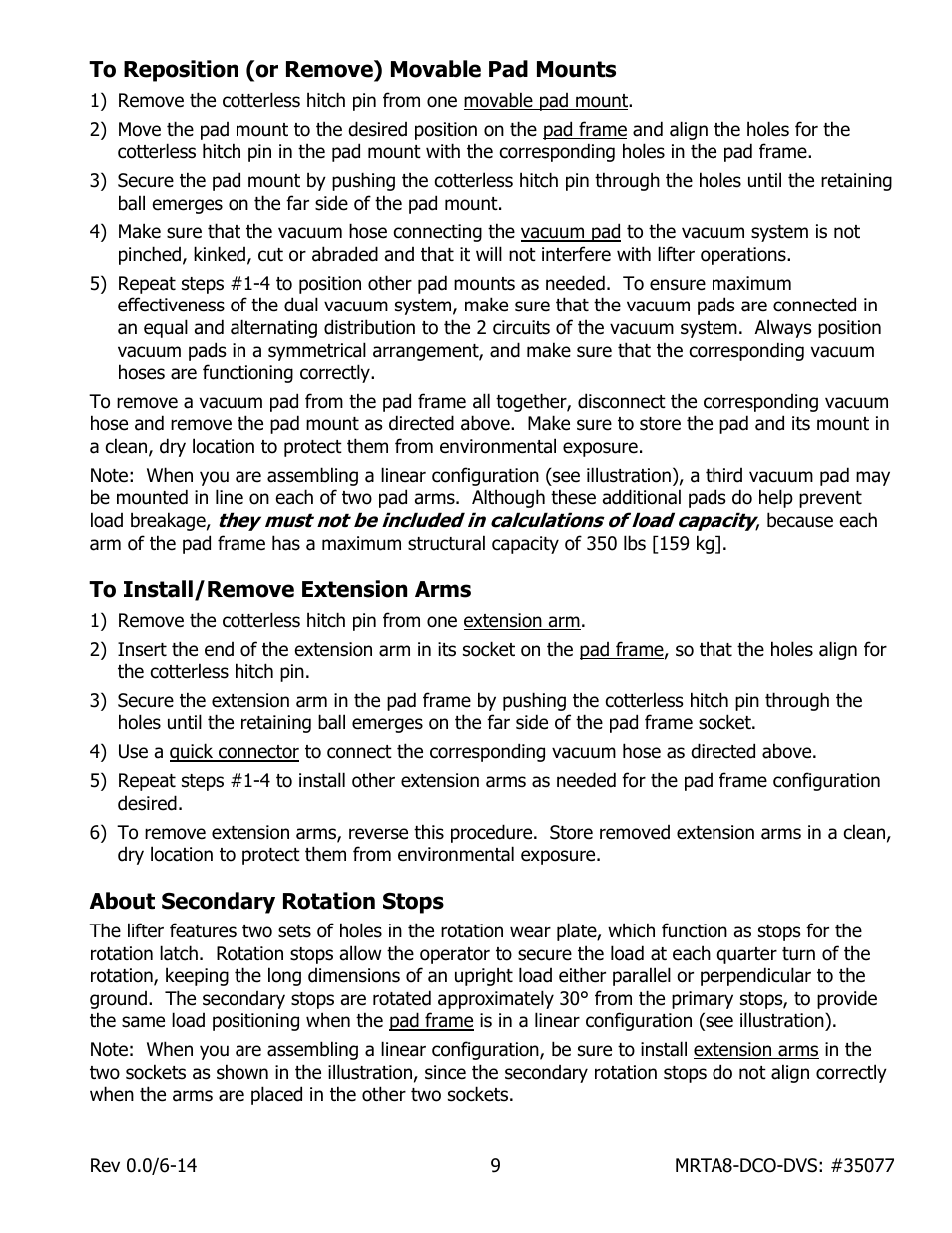 To reposition (or remove) movable pad mounts, To install/remove extension arms, About secondary rotation stops | Wood’s Powr-Grip MRTA811LDCO User Manual | Page 11 / 38