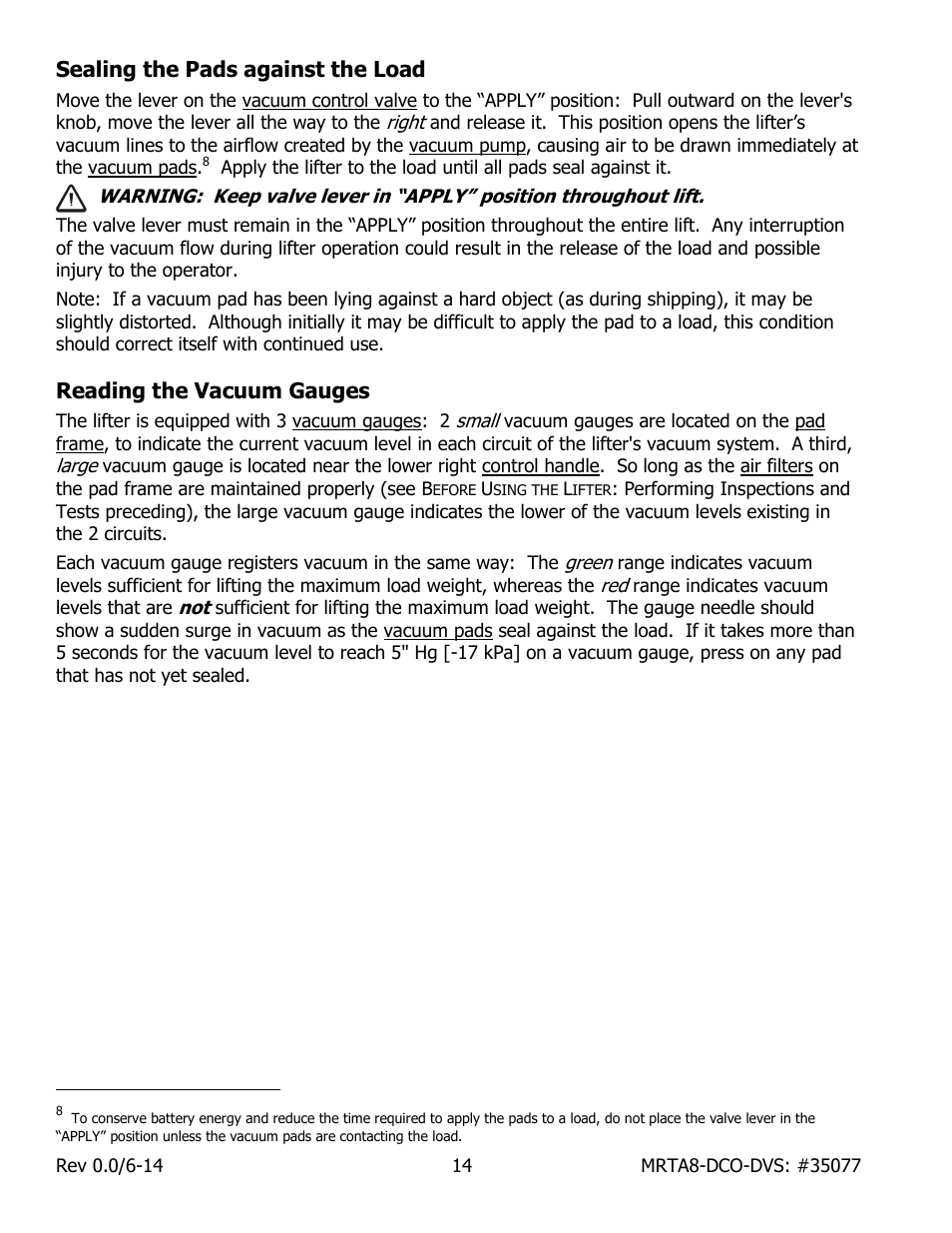 Sealing the pads against the load, Reading the vacuum gauges | Wood’s Powr-Grip MRTA811LDCO User Manual | Page 16 / 38