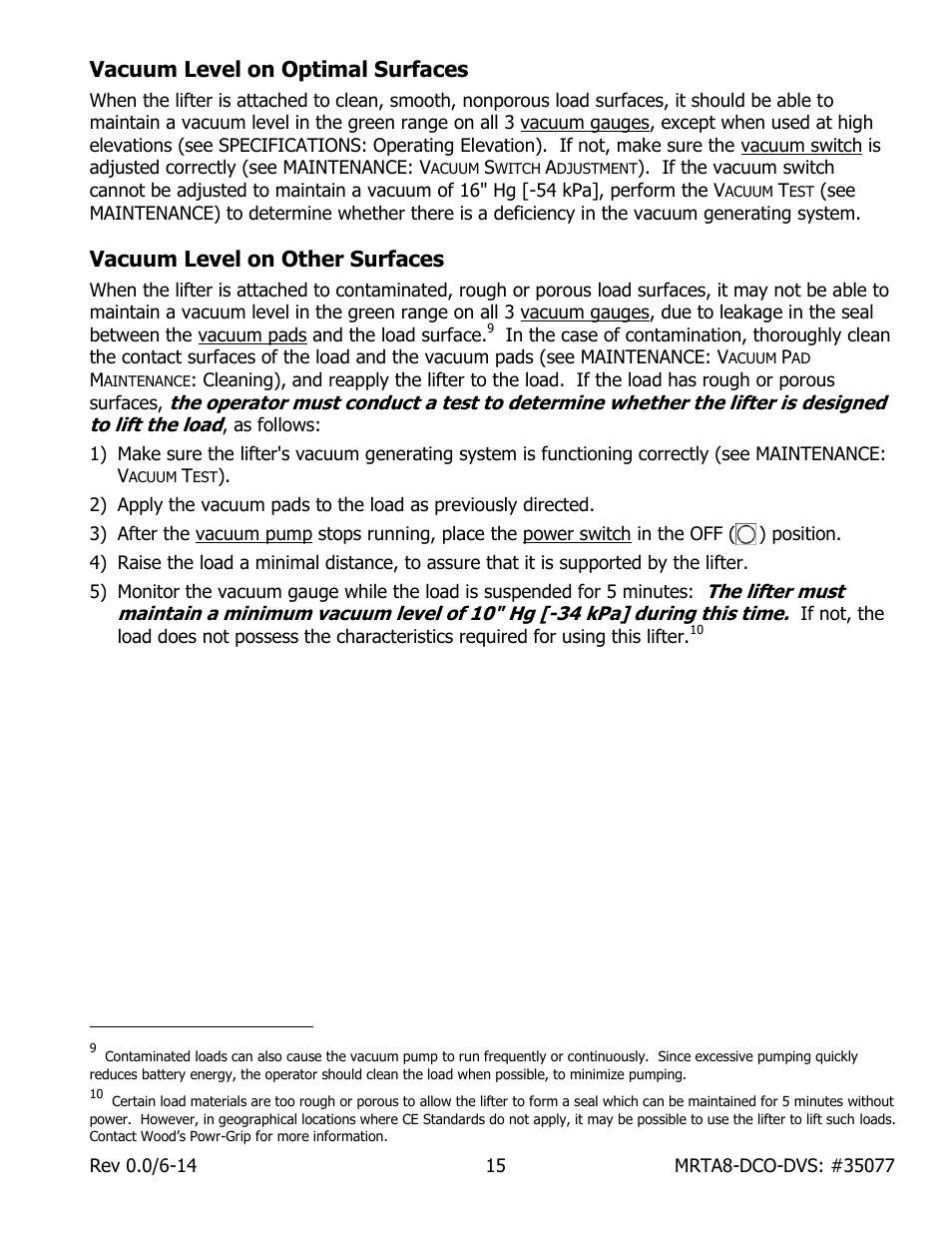 Vacuum level on optimal surfaces, Vacuum level on other surfaces | Wood’s Powr-Grip MRTA811LDCO User Manual | Page 17 / 38