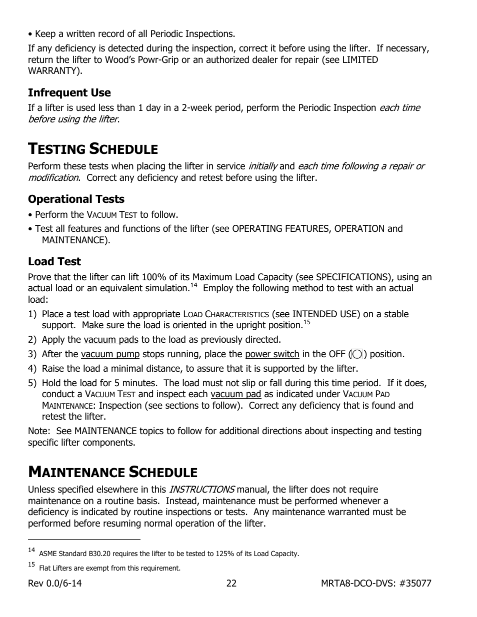 Infrequent use, Esting, Chedule | Operational tests, Load test, Aintenance | Wood’s Powr-Grip MRTA811LDCO User Manual | Page 24 / 38