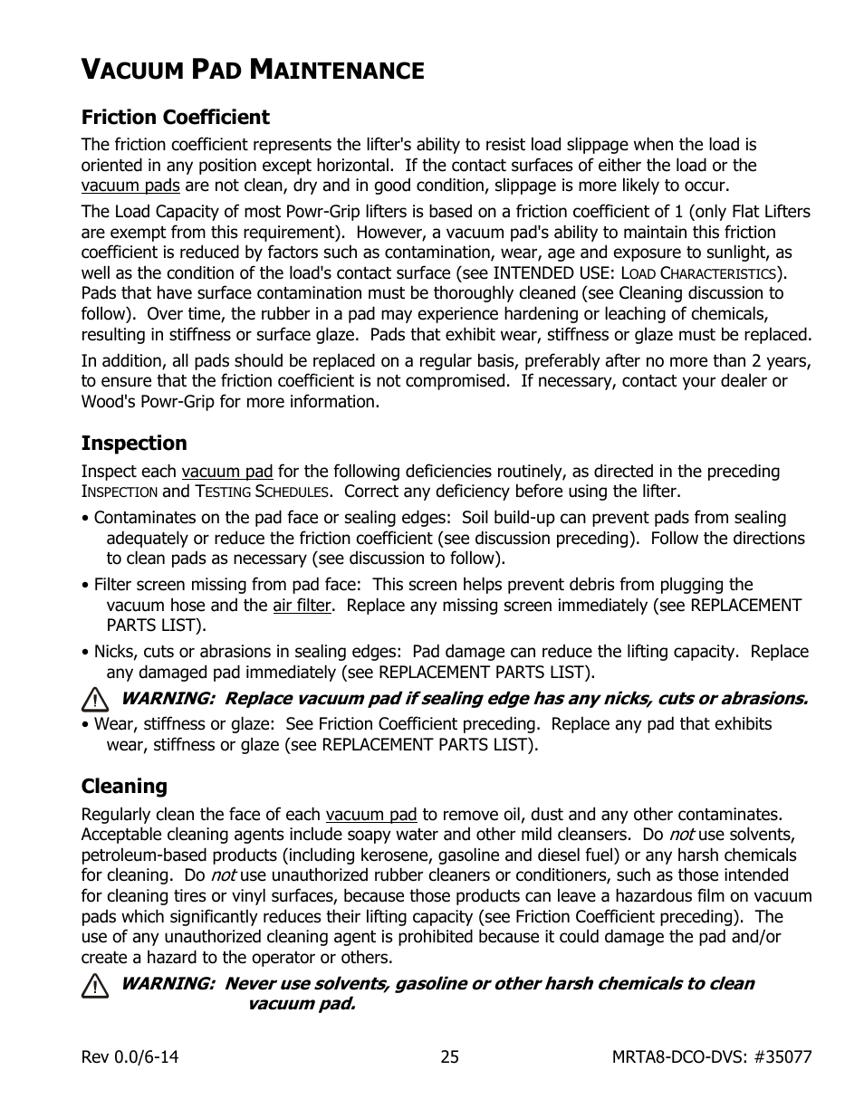 Acuum, Aintenance, Friction coefficient | Inspection, Cleaning | Wood’s Powr-Grip MRTA811LDCO User Manual | Page 27 / 38