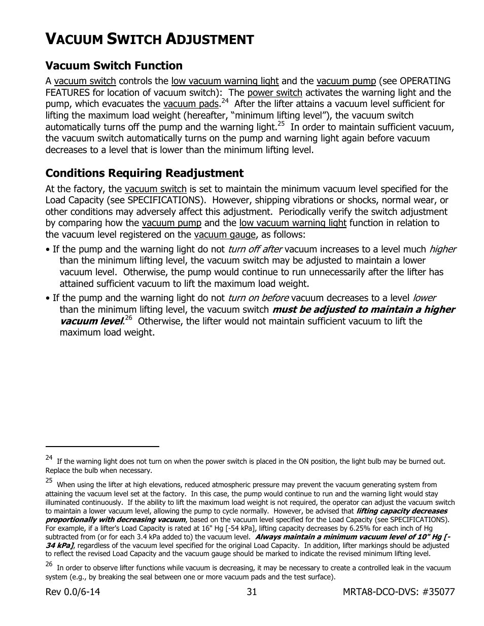 Acuum, Witch, Djustment | Vacuum switch function, Conditions requiring readjustment | Wood’s Powr-Grip MRTA811LDCO User Manual | Page 33 / 38