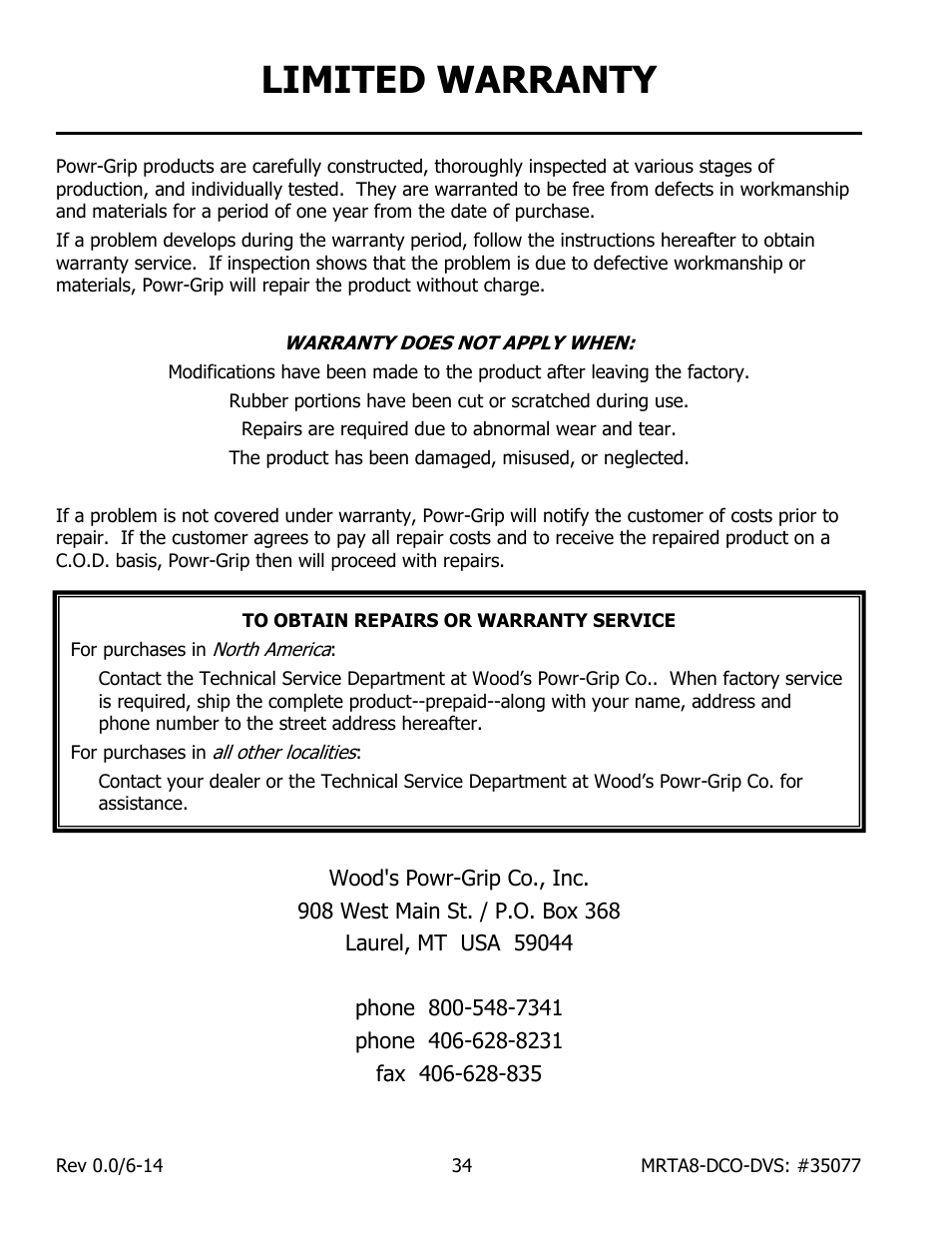 Limited warranty | Wood’s Powr-Grip MRTA811LDCO User Manual | Page 36 / 38