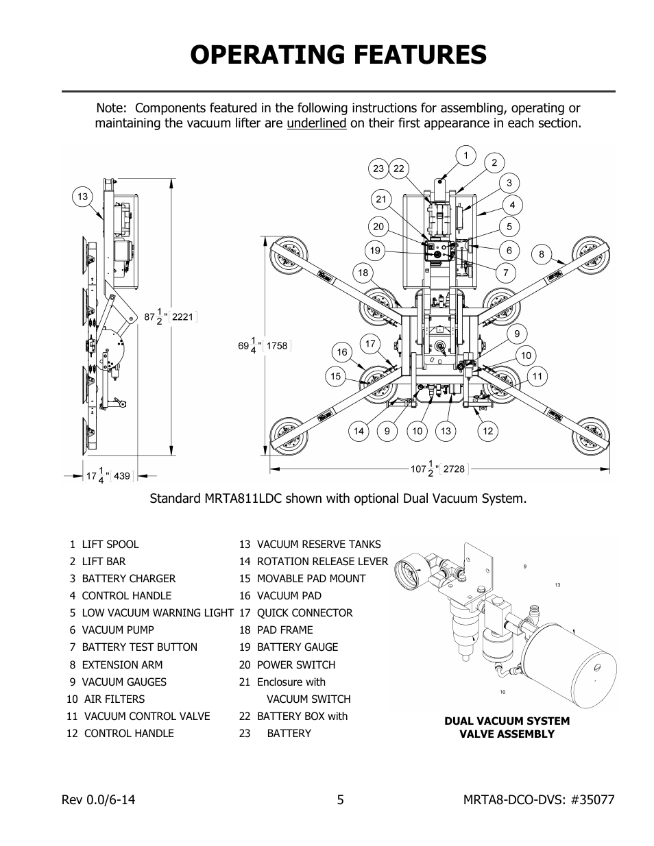 Operating features, Dual vacuum system, Valve assemblyassembly | Wood’s Powr-Grip MRTA811LDCO User Manual | Page 7 / 38