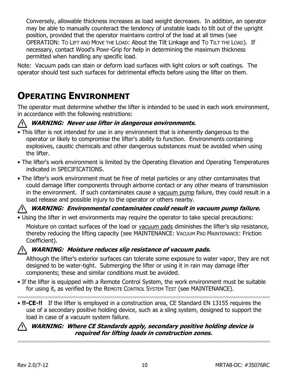 Perating, Nvironment | Wood’s Powr-Grip MRTARC811LDC User Manual | Page 12 / 38