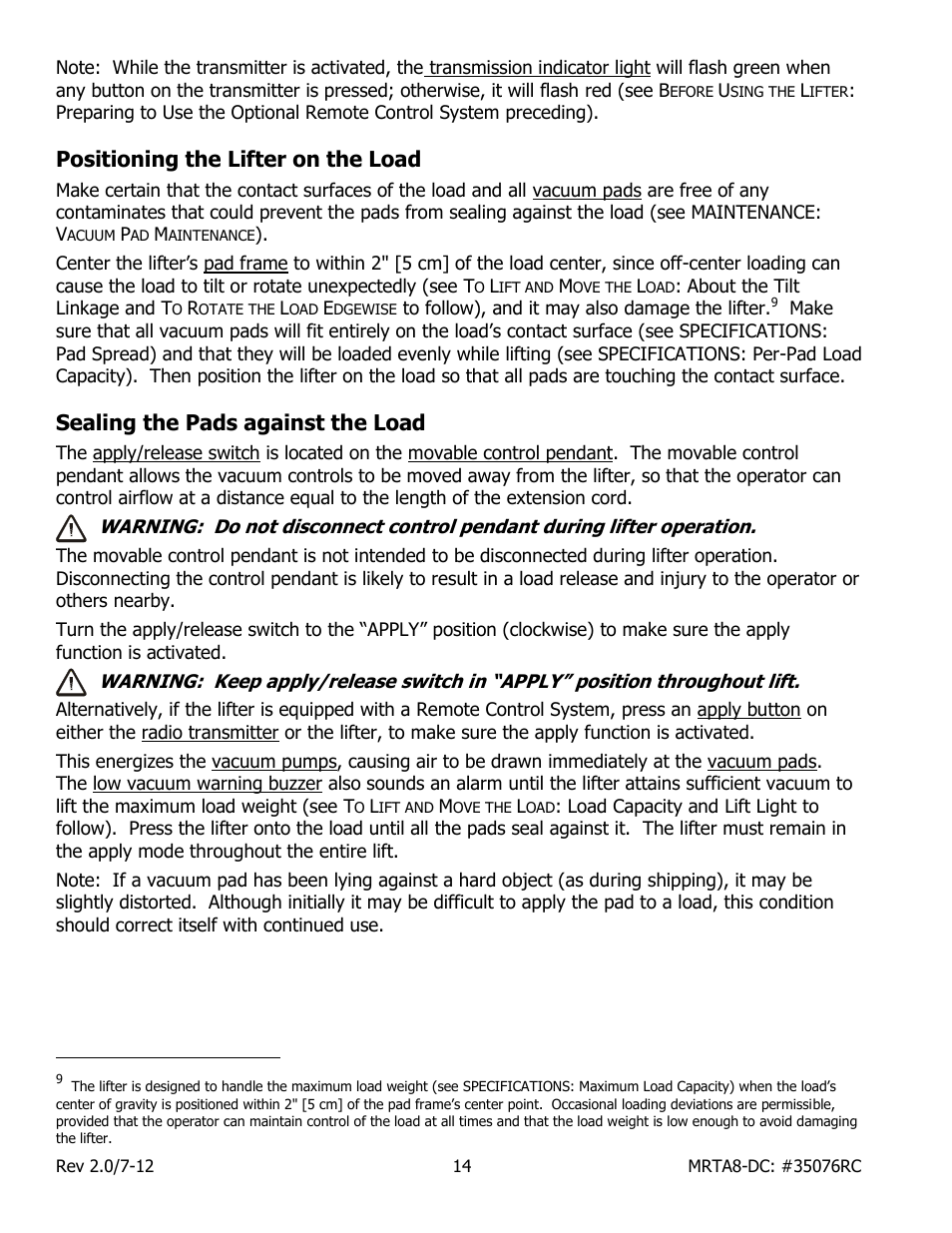 Positioning the lifter on the load, Sealing the pads against the load | Wood’s Powr-Grip MRTARC811LDC User Manual | Page 16 / 38