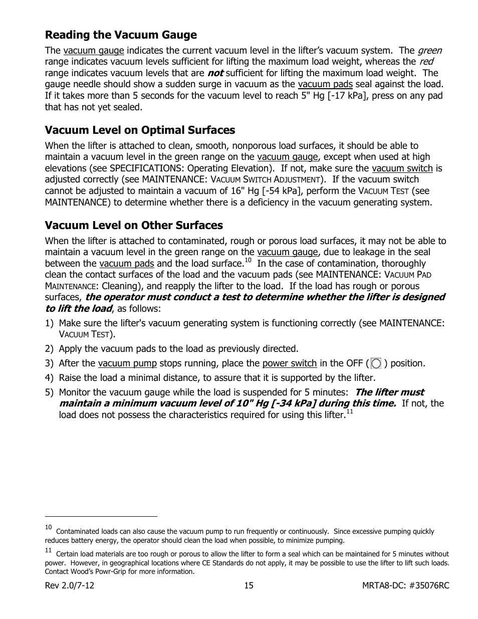 Reading the vacuum gauge, Vacuum level on optimal surfaces, Vacuum level on other surfaces | Wood’s Powr-Grip MRTARC811LDC User Manual | Page 17 / 38