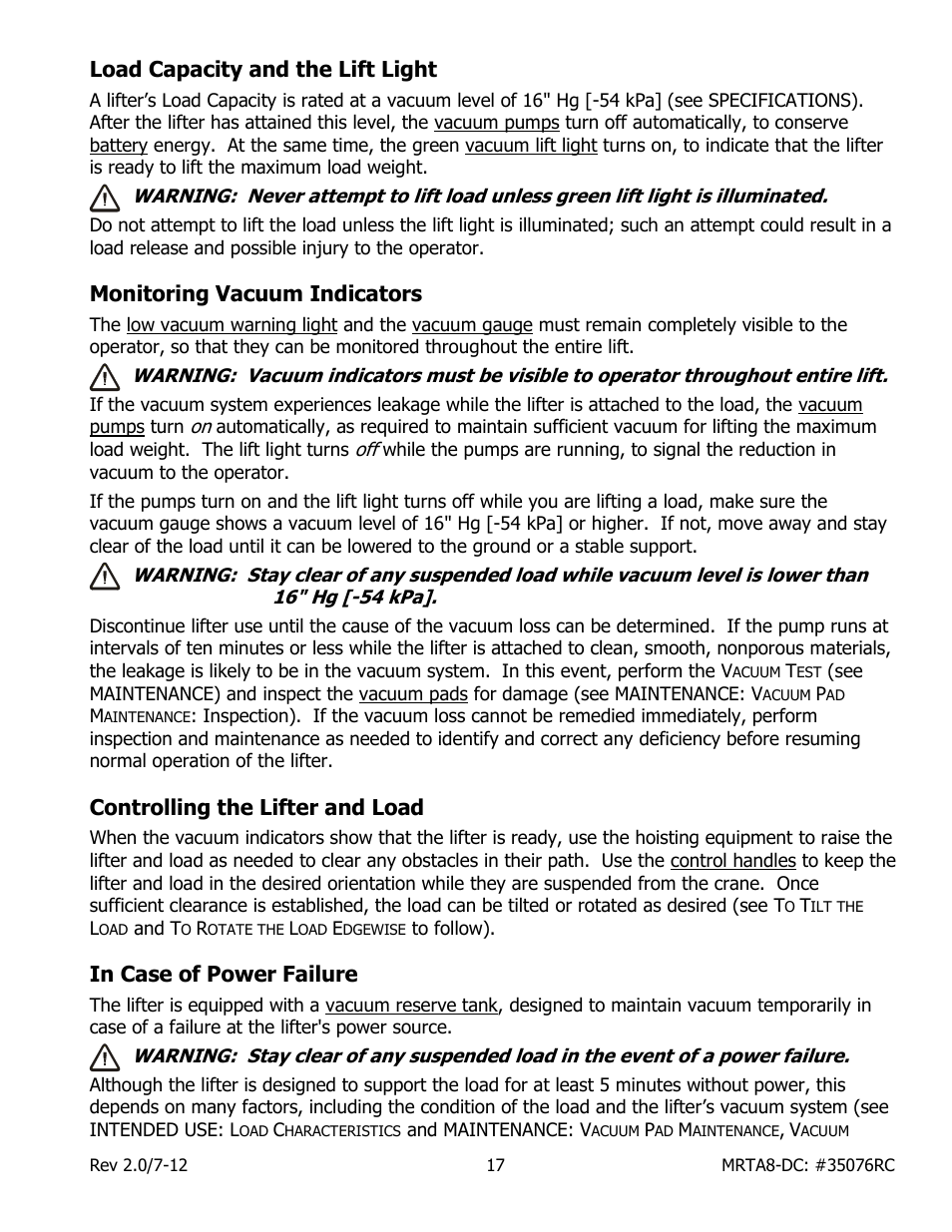 Load capacity and the lift light, Monitoring vacuum indicators, Controlling the lifter and load | Wood’s Powr-Grip MRTARC811LDC User Manual | Page 19 / 38
