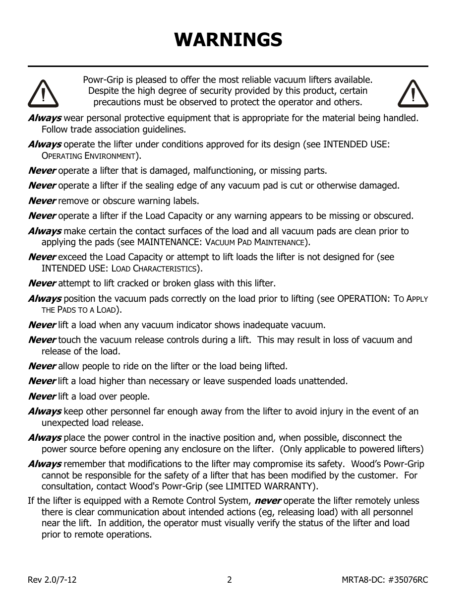 Warnings | Wood’s Powr-Grip MRTARC811LDC User Manual | Page 4 / 38