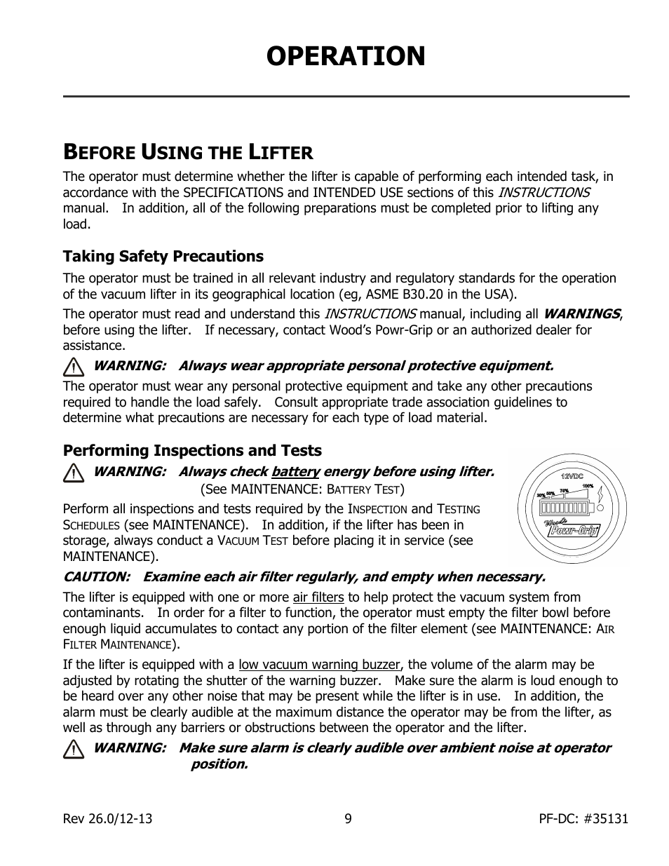 Operation, Efore, Sing the | Ifter, Taking safety precautions, Performing inspections and tests | Wood’s Powr-Grip PFHL89DC User Manual | Page 11 / 33