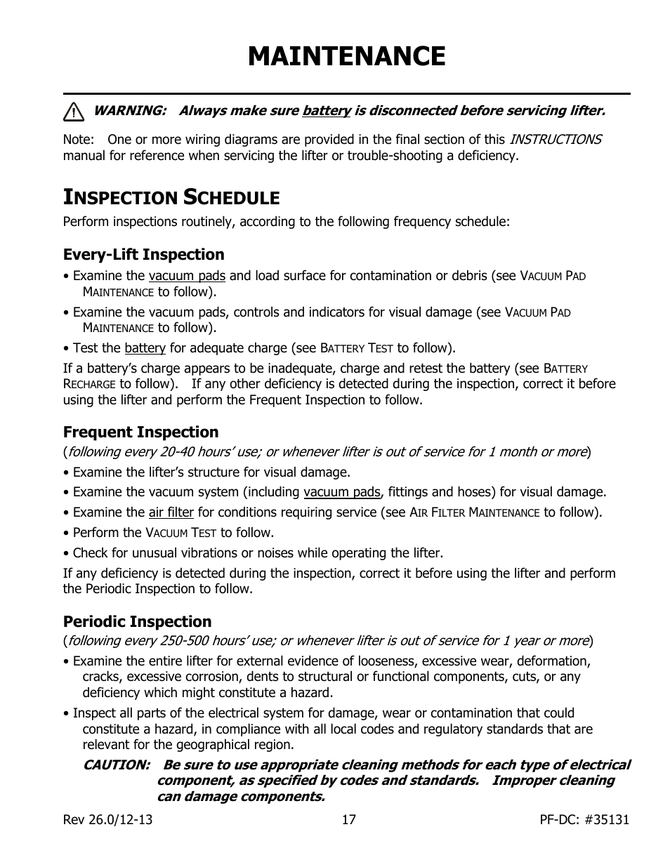 Maintenance, Nspection, Chedule | Every-lift inspection, Frequent inspection, Periodic inspection | Wood’s Powr-Grip PFHL89DC User Manual | Page 19 / 33
