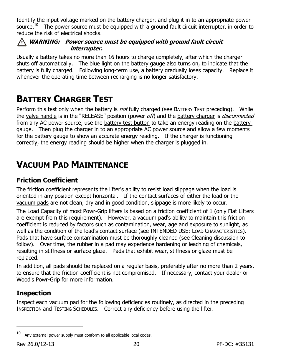 Attery, Harger, Acuum | Aintenance, Friction coefficient, Inspection | Wood’s Powr-Grip PFHL89DC User Manual | Page 22 / 33
