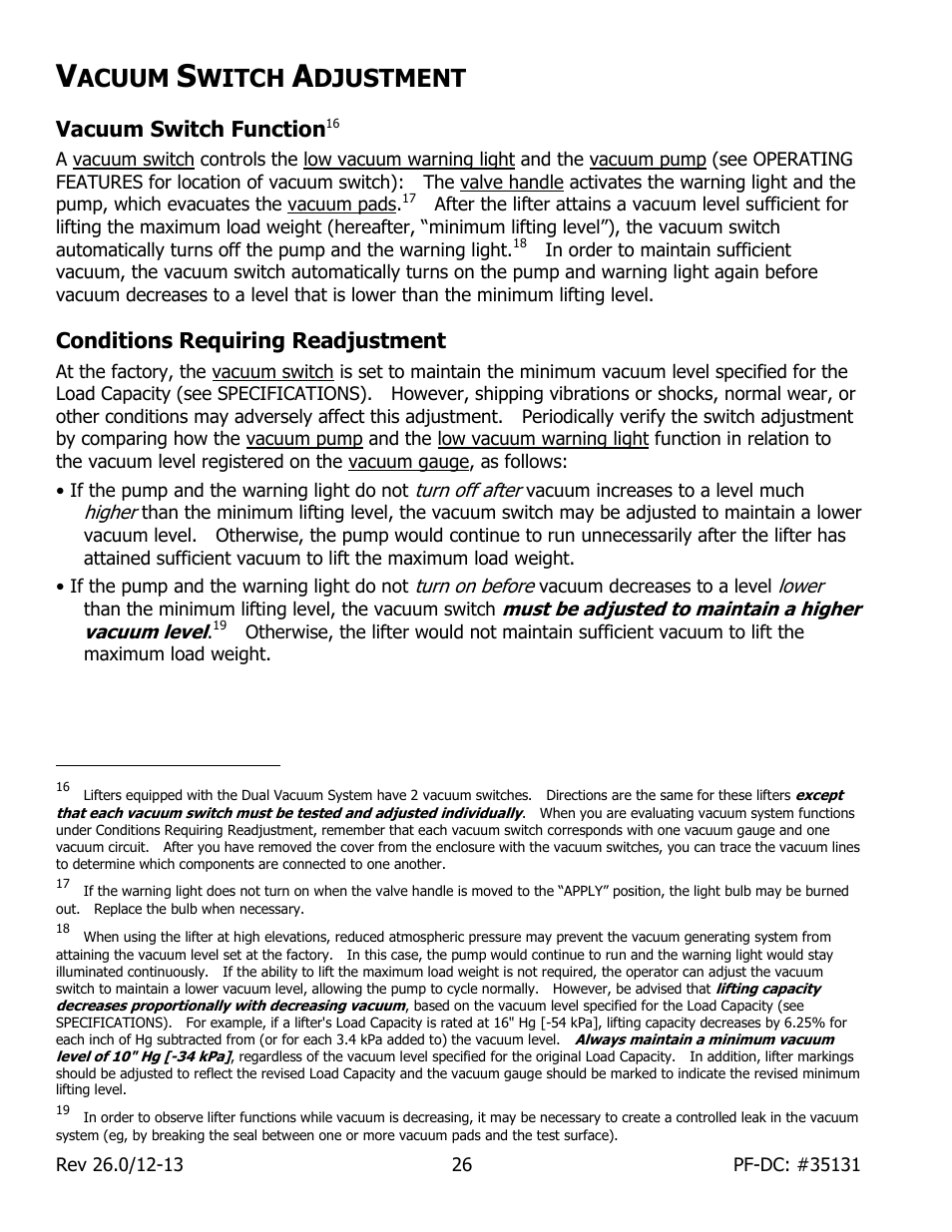 Acuum, Witch, Djustment | Vacuum switch function, Conditions requiring readjustment | Wood’s Powr-Grip PFHL89DC User Manual | Page 28 / 33