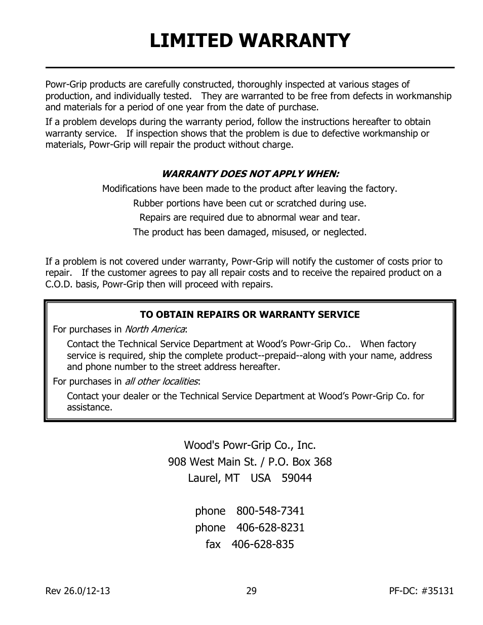 Limited warranty | Wood’s Powr-Grip PFHL89DC User Manual | Page 31 / 33