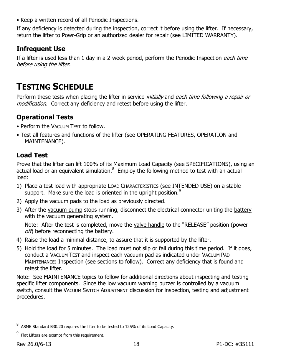 Infrequent use, Esting, Chedule | Operational tests, Load test | Wood’s Powr-Grip P11104DC User Manual | Page 20 / 34