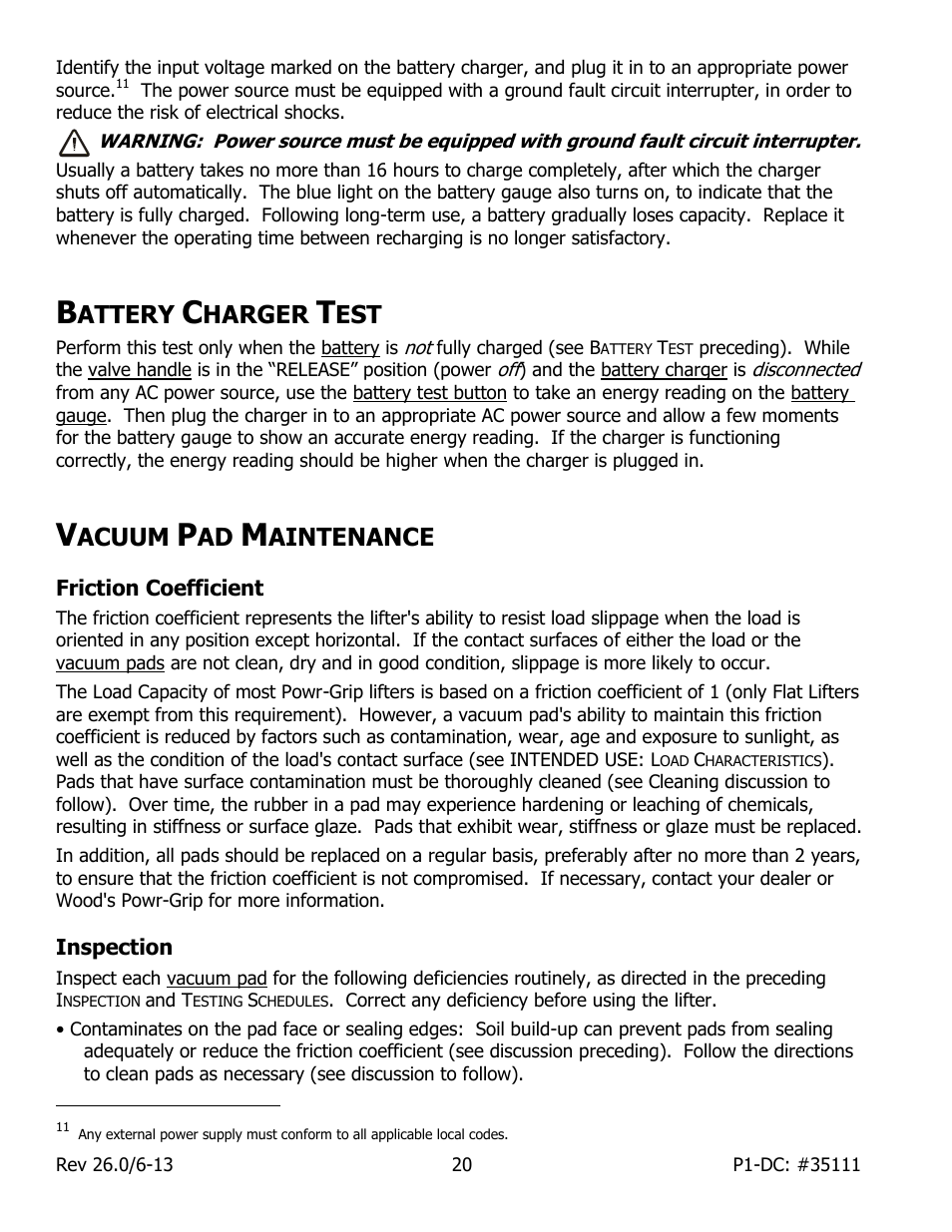 Attery, Harger, Acuum | Aintenance, Friction coefficient, Inspection | Wood’s Powr-Grip P11104DC User Manual | Page 22 / 34