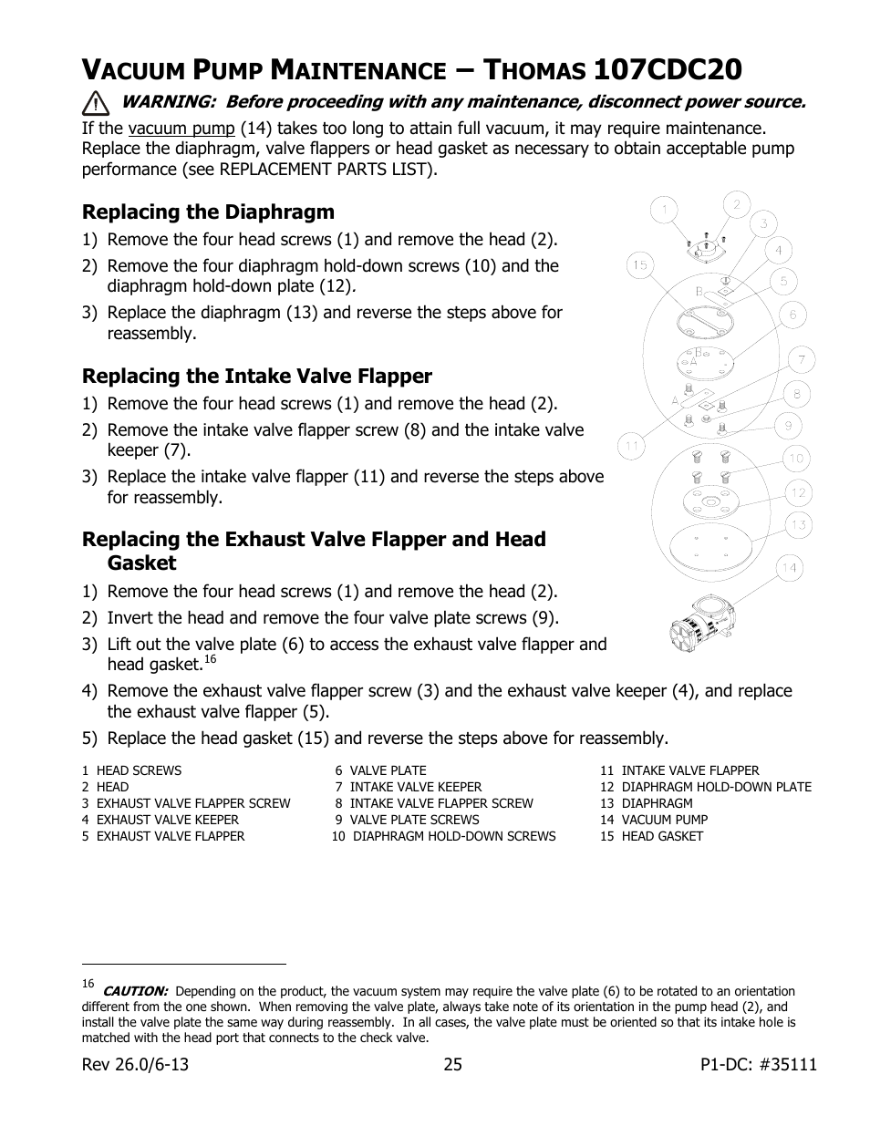 Acuum, Aintenance, Homas | 107cdc20, Replacing the diaphragm, Replacing the intake valve flapper | Wood’s Powr-Grip P11104DC User Manual | Page 27 / 34