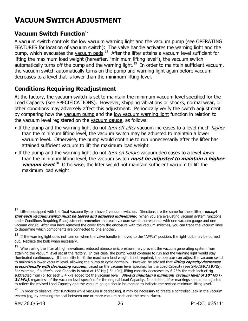 Acuum, Witch, Djustment | Vacuum switch function, Conditions requiring readjustment | Wood’s Powr-Grip P11104DC User Manual | Page 28 / 34