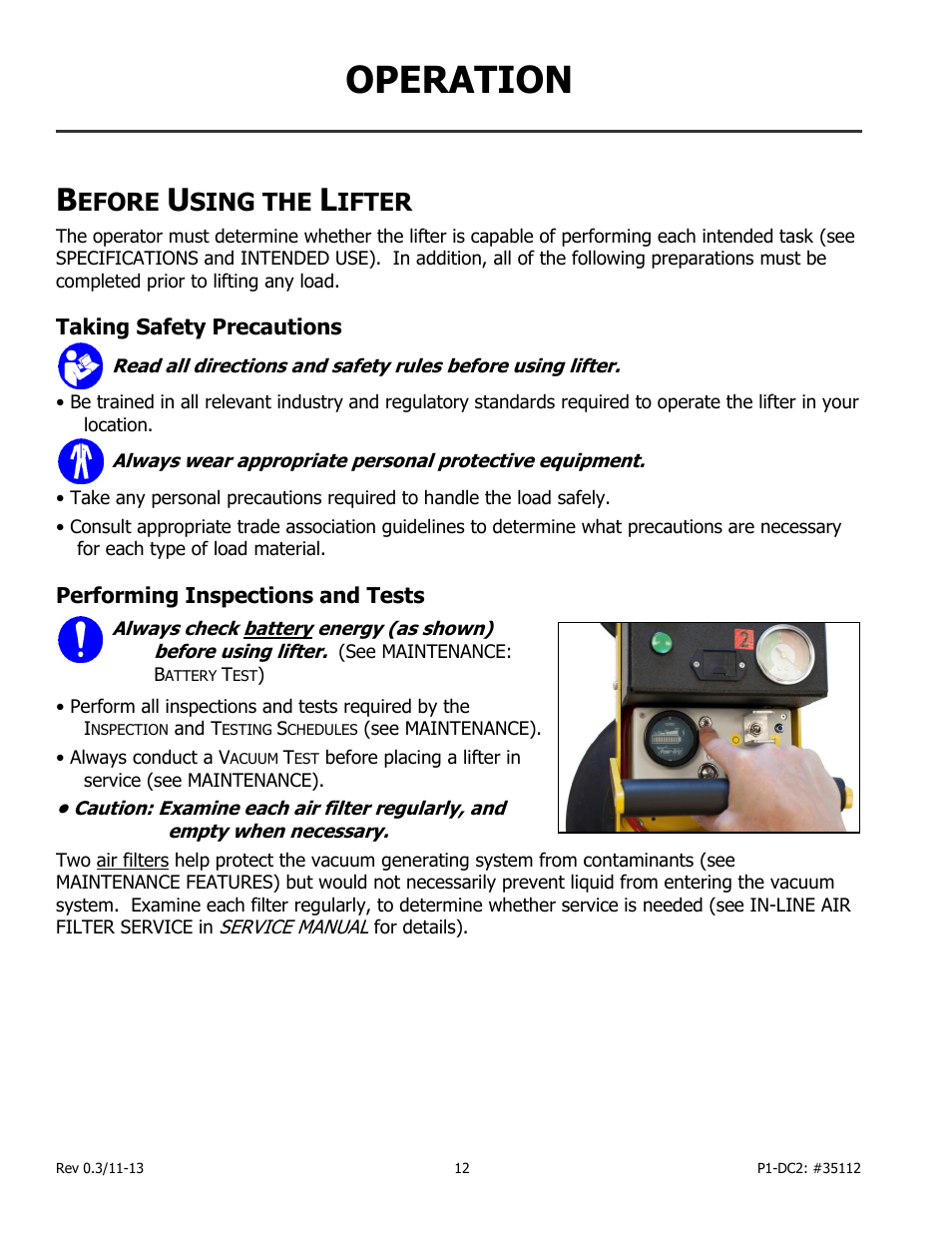 Operation, Efore, Sing the | Ifter, Taking safety precautions, Performing inspections and tests | Wood’s Powr-Grip P11104DC2 User Manual | Page 14 / 37