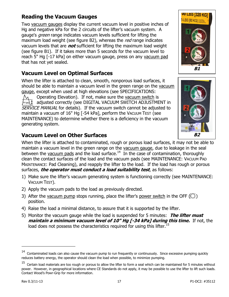 Reading the vacuum gauges, Vacuum level on optimal surfaces, Vacuum level on other surfaces | Wood’s Powr-Grip P11104DC2 User Manual | Page 19 / 37