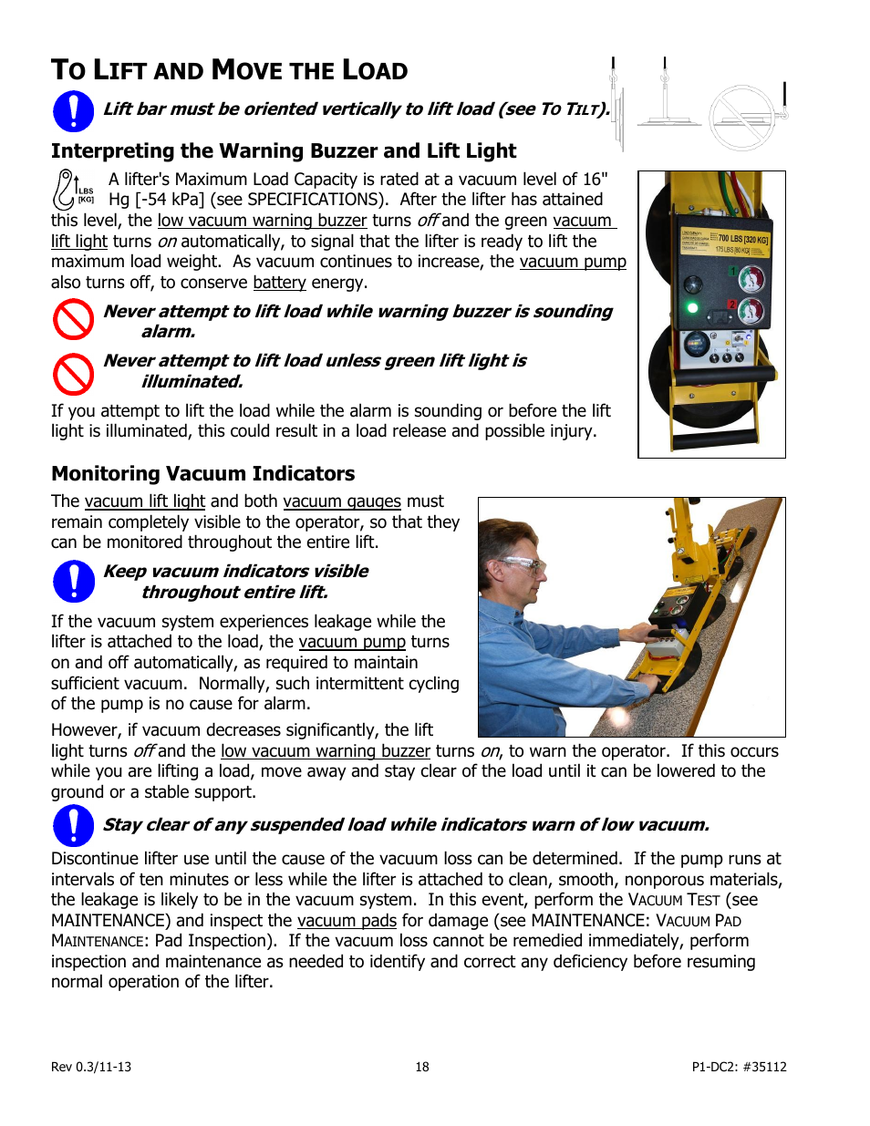 Ift and, Ove the, Interpreting the warning buzzer and lift light | Monitoring vacuum indicators | Wood’s Powr-Grip P11104DC2 User Manual | Page 20 / 37