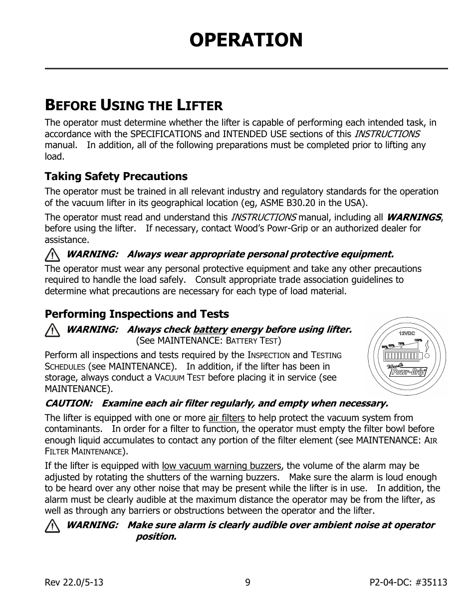 Operation, Efore, Sing the | Ifter, Taking safety precautions, Performing inspections and tests | Wood’s Powr-Grip P2110445DC User Manual | Page 11 / 34