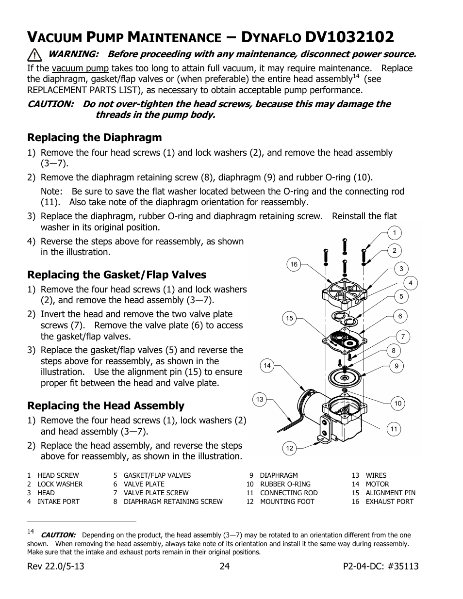 Acuum, Aintenance, Ynaflo | Dv1032102, Replacing the diaphragm, Replacing the gasket/flap valves, Replacing the head assembly | Wood’s Powr-Grip P2110445DC User Manual | Page 26 / 34