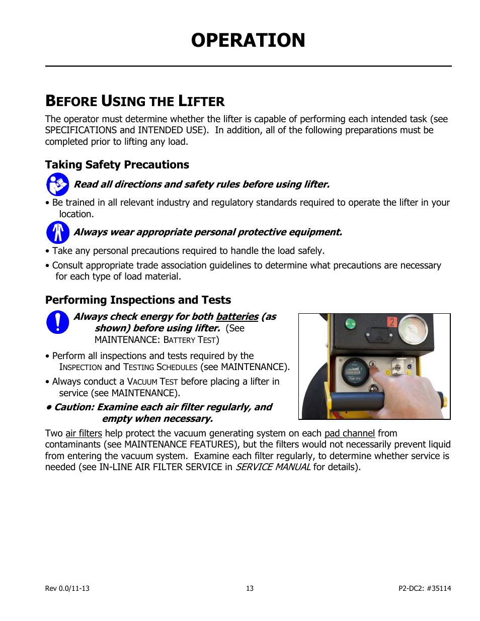 Operation, Efore, Sing the | Ifter, Taking safety precautions, Performing inspections and tests | Wood’s Powr-Grip PCFT2SA47 User Manual | Page 15 / 38