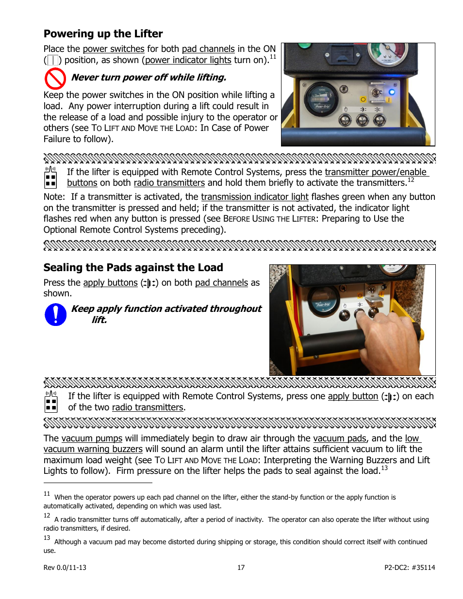 Powering up the lifter, Sealing the pads against the load | Wood’s Powr-Grip PCFT2SA47 User Manual | Page 19 / 38