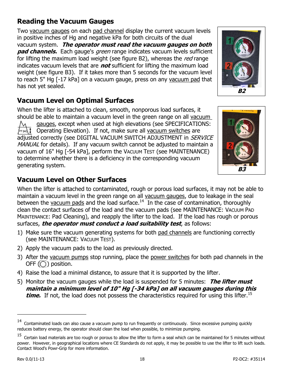 Reading the vacuum gauges, Vacuum level on optimal surfaces, Vacuum level on other surfaces | Wood’s Powr-Grip PCFT2SA47 User Manual | Page 20 / 38