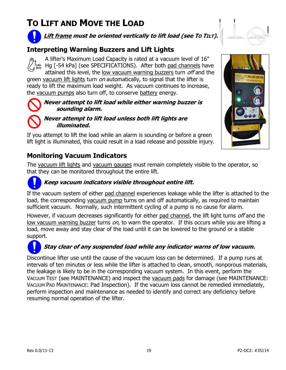 Ift and, Ove the, Interpreting warning buzzers and lift lights | Monitoring vacuum indicators | Wood’s Powr-Grip PCFT2SA47 User Manual | Page 21 / 38