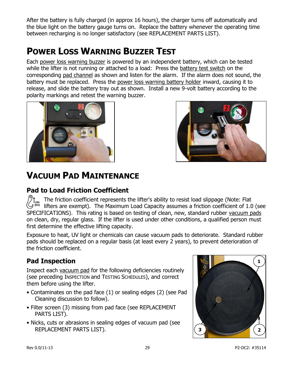 Ower, Arning, Uzzer | Acuum, Aintenance, Pad to load friction coefficient, Pad inspection | Wood’s Powr-Grip PCFT2SA47 User Manual | Page 31 / 38