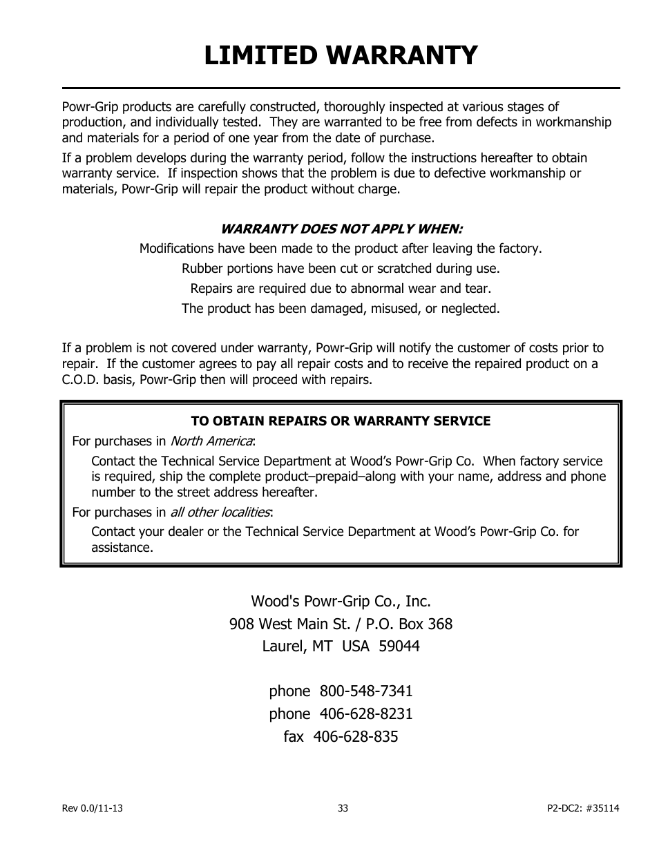 Limited warranty | Wood’s Powr-Grip PCFT2SA47 User Manual | Page 35 / 38