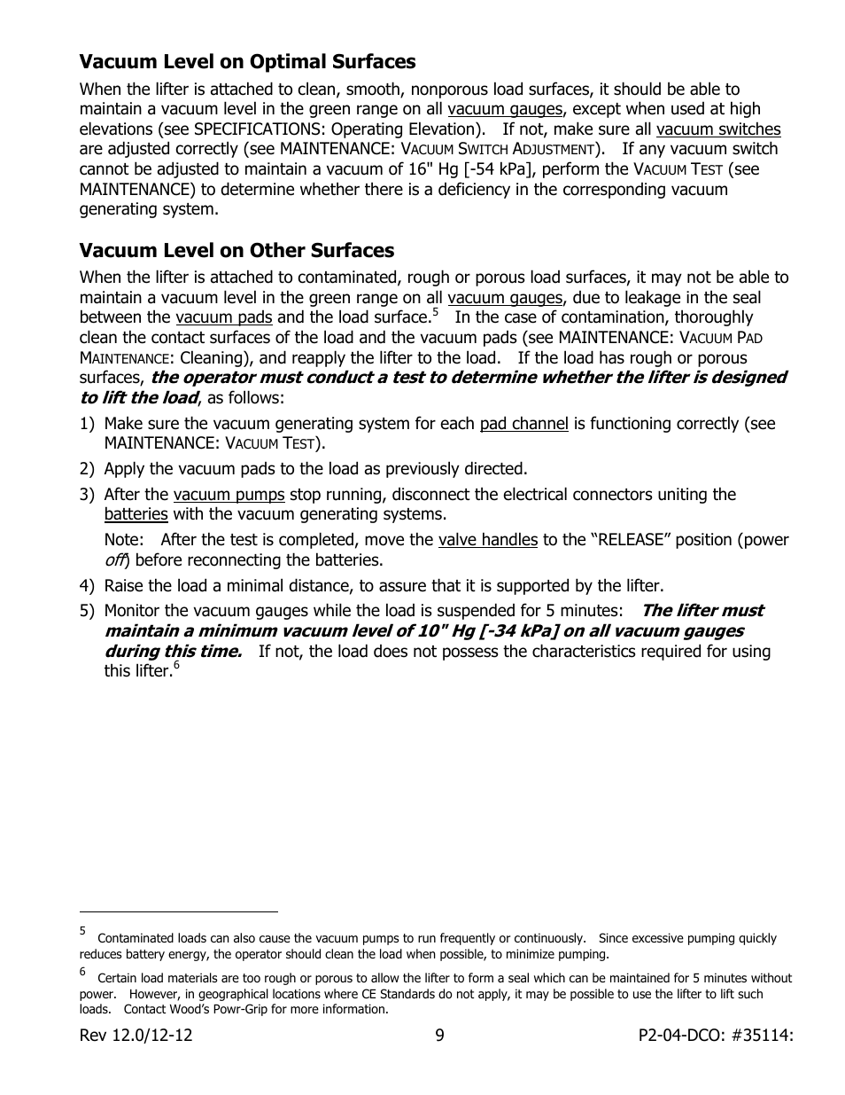 Vacuum level on optimal surfaces, Vacuum level on other surfaces | Wood’s Powr-Grip P211047DC User Manual | Page 11 / 30