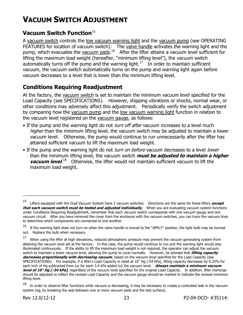 Acuum, Witch, Djustment | Vacuum switch function, Conditions requiring readjustment | Wood’s Powr-Grip P211047DC User Manual | Page 25 / 30