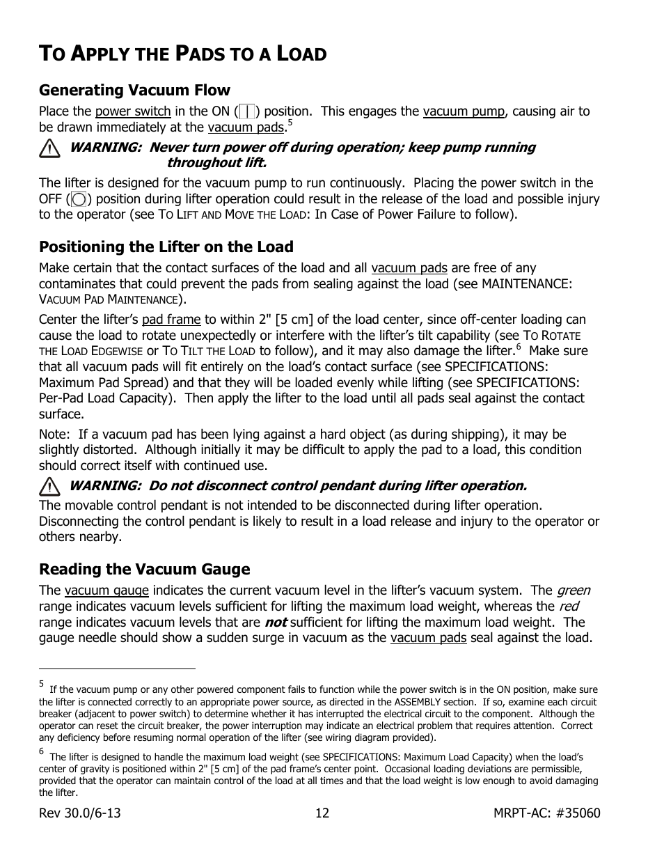 Pply the, Ads to a, Generating vacuum flow | Positioning the lifter on the load, Reading the vacuum gauge | Wood’s Powr-Grip MRPT89AC User Manual | Page 14 / 38