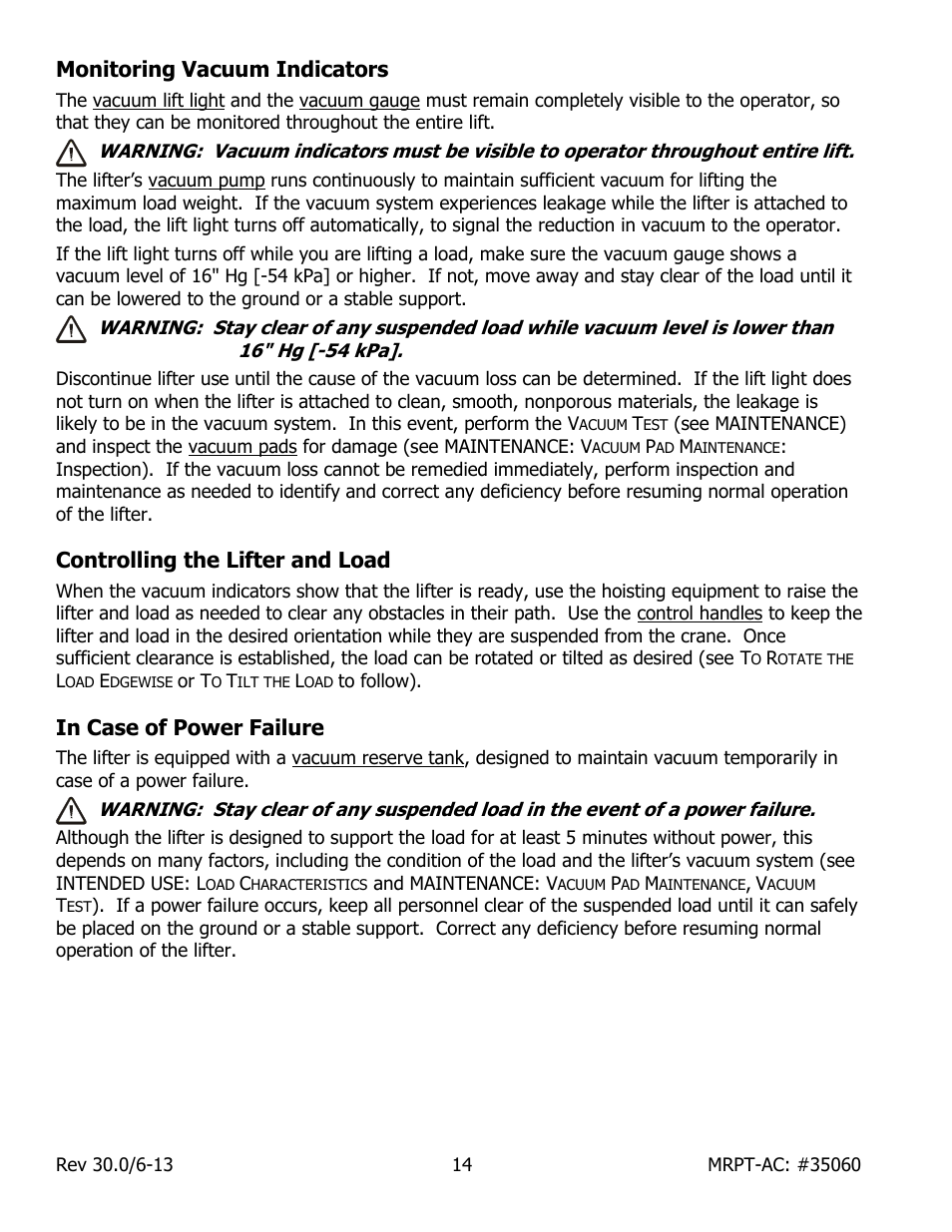Monitoring vacuum indicators, Controlling the lifter and load, In case of power failure | Wood’s Powr-Grip MRPT89AC User Manual | Page 16 / 38