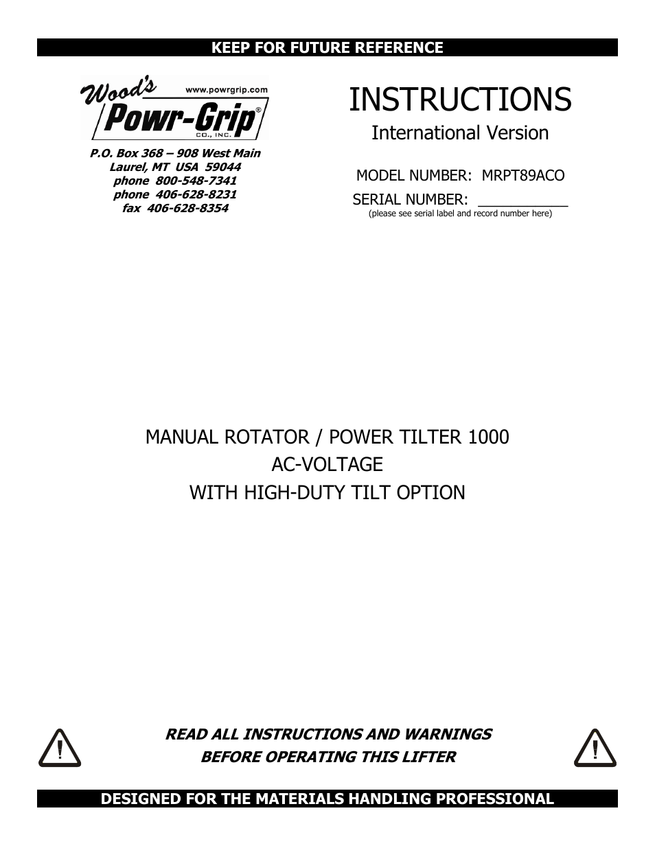 Wood’s Powr-Grip MRPT89ACO User Manual | 28 pages