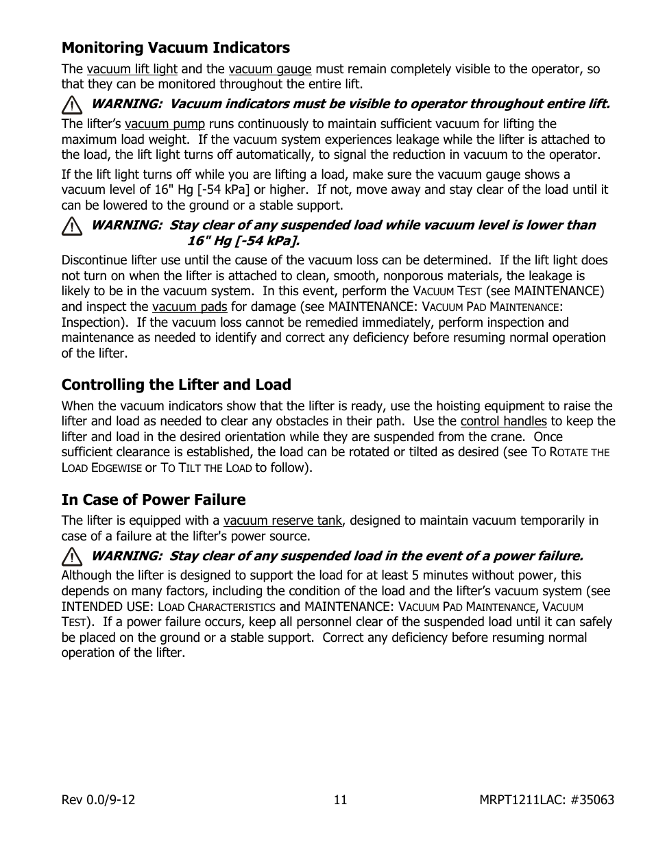 Monitoring vacuum indicators, Controlling the lifter and load | Wood’s Powr-Grip MRPT1211LAC User Manual | Page 13 / 26