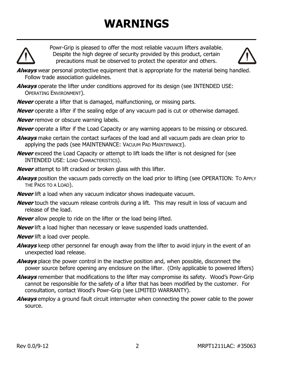Warnings | Wood’s Powr-Grip MRPT1211LAC User Manual | Page 4 / 26