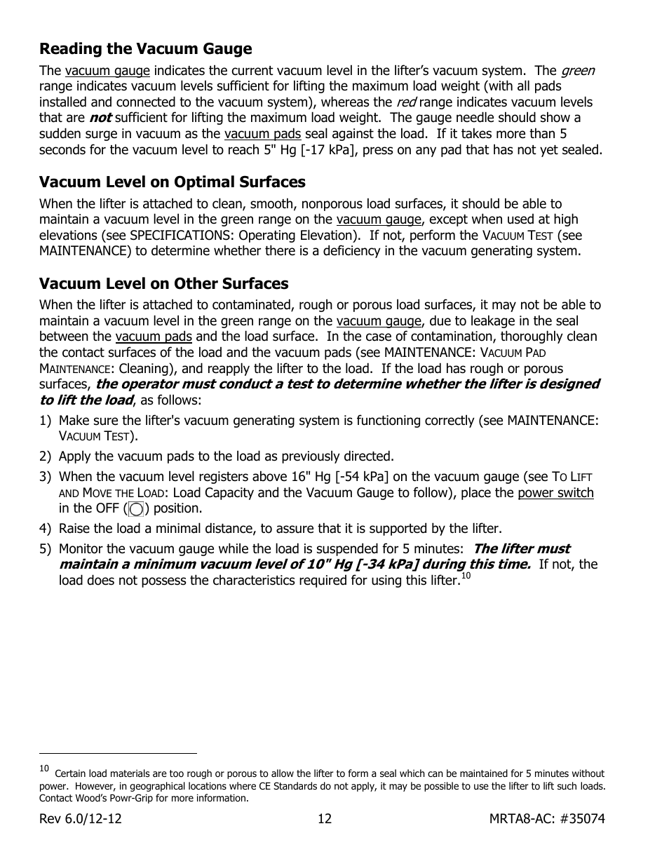 Reading the vacuum gauge, Vacuum level on optimal surfaces, Vacuum level on other surfaces | Wood’s Powr-Grip MRTA8-AIR User Manual | Page 14 / 29