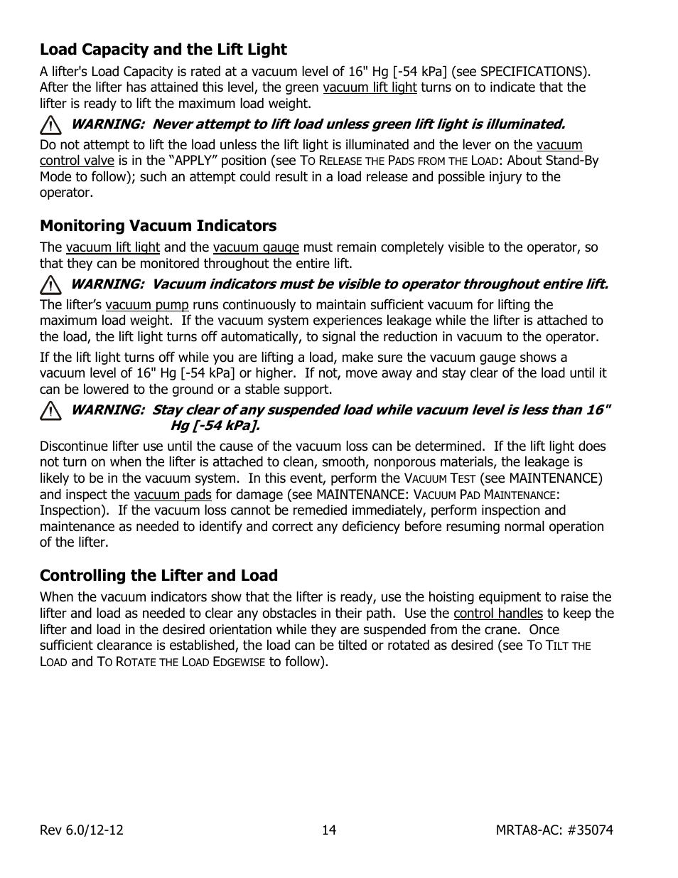 Load capacity and the lift light, Monitoring vacuum indicators, Controlling the lifter and load | Wood’s Powr-Grip MRTA8-AIR User Manual | Page 16 / 29